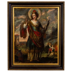 Grande peinture à l'huile de portrait de maître ancien de Sainte-Catherine d'Alexandrie du 17ème siècle