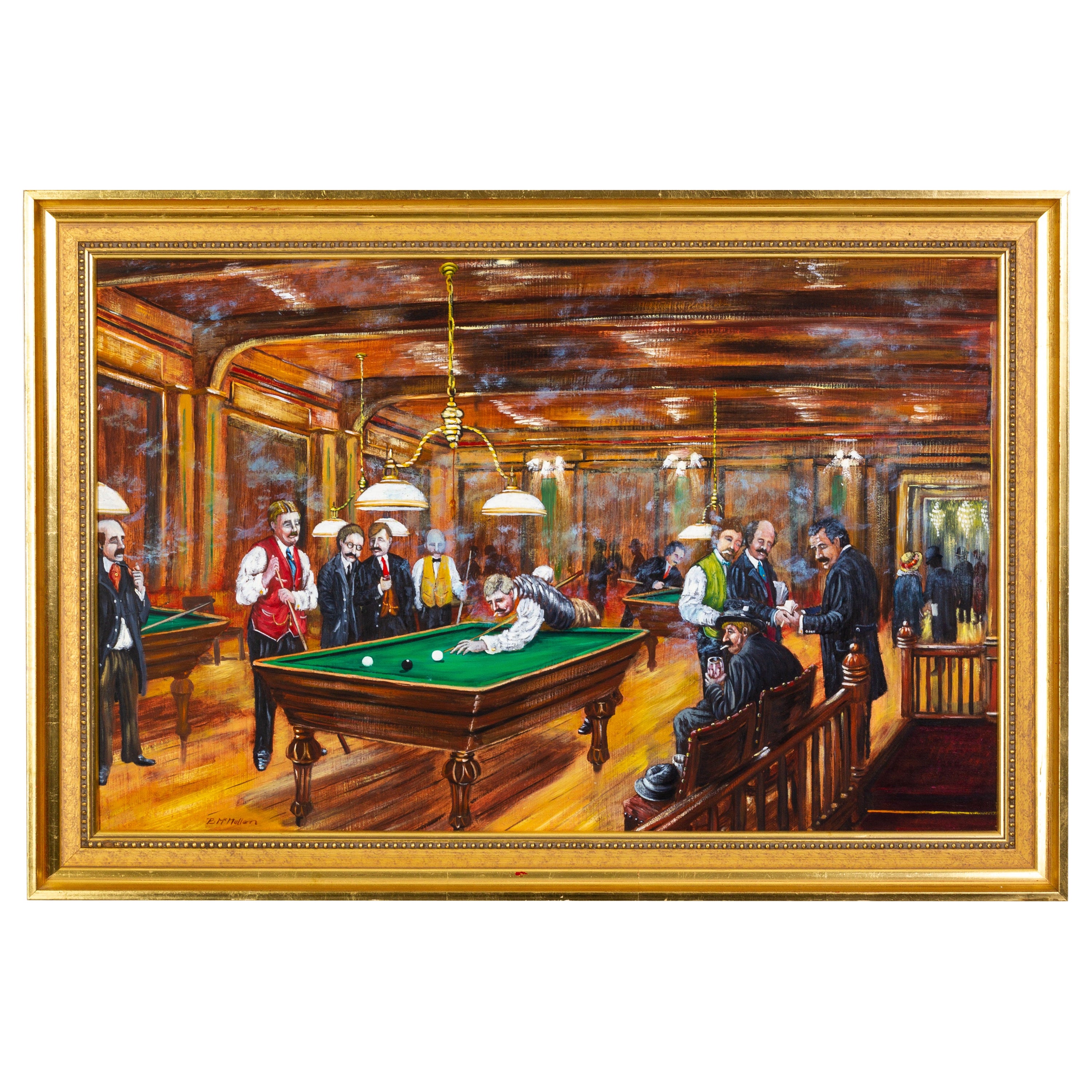 Signed Bernard Mcmullen "The Pool Game" Large British Billiard Oil Painting For Sale
