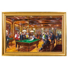 Vintage Signed Bernard Mcmullen "The Pool Game" Large British Billiard Oil Painting