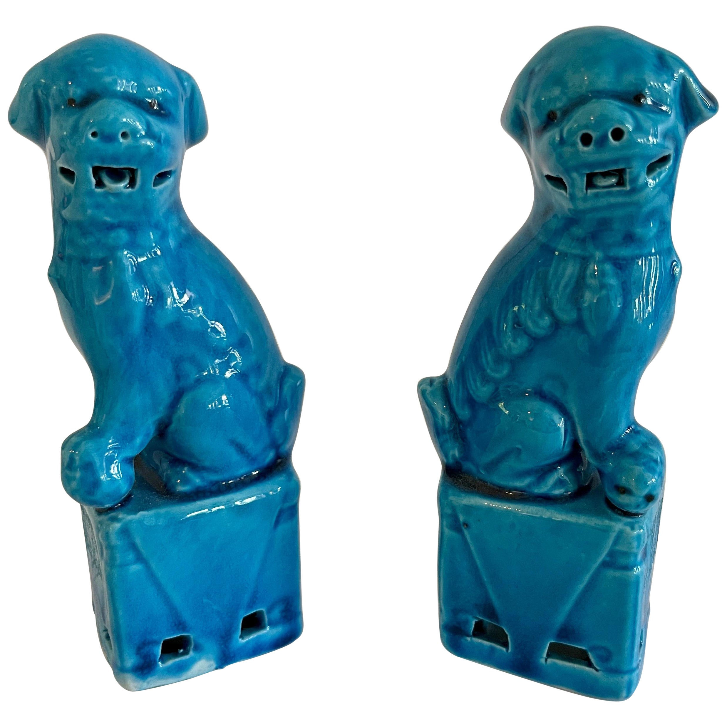 Small Ceramic Asian Turquoise Foo Dogs, a Pair