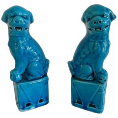 Retro Small Ceramic Asian Turquoise Foo Dogs, a Pair
