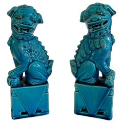 Medium Ceramic Asian Turquoise Foo Dogs, a Pair
