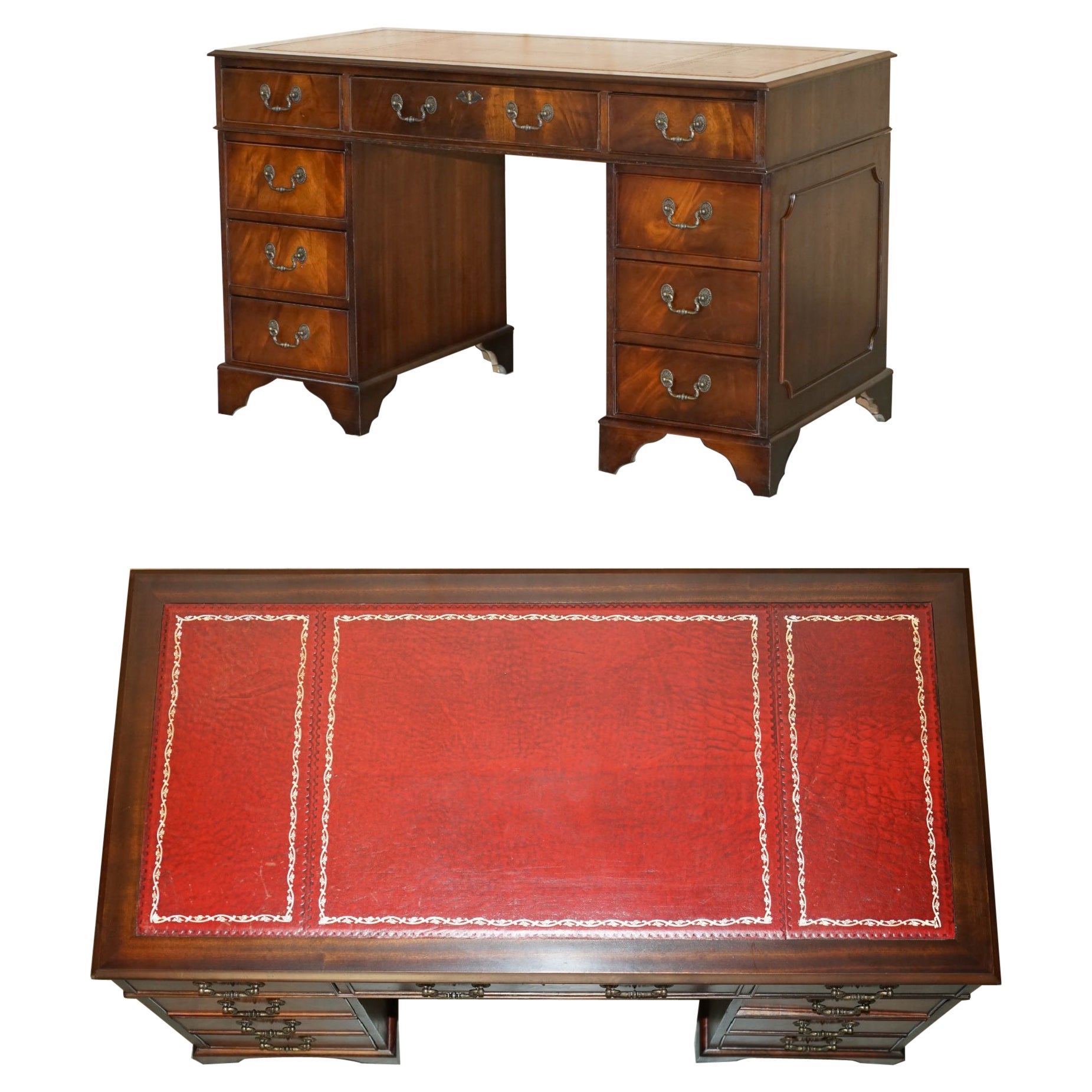 VINTAGE OXBLOOD LEATHER TWiN PEDESTAL PARTNER DESK WITH GOLD LEAF EMBOSSED TOP For Sale