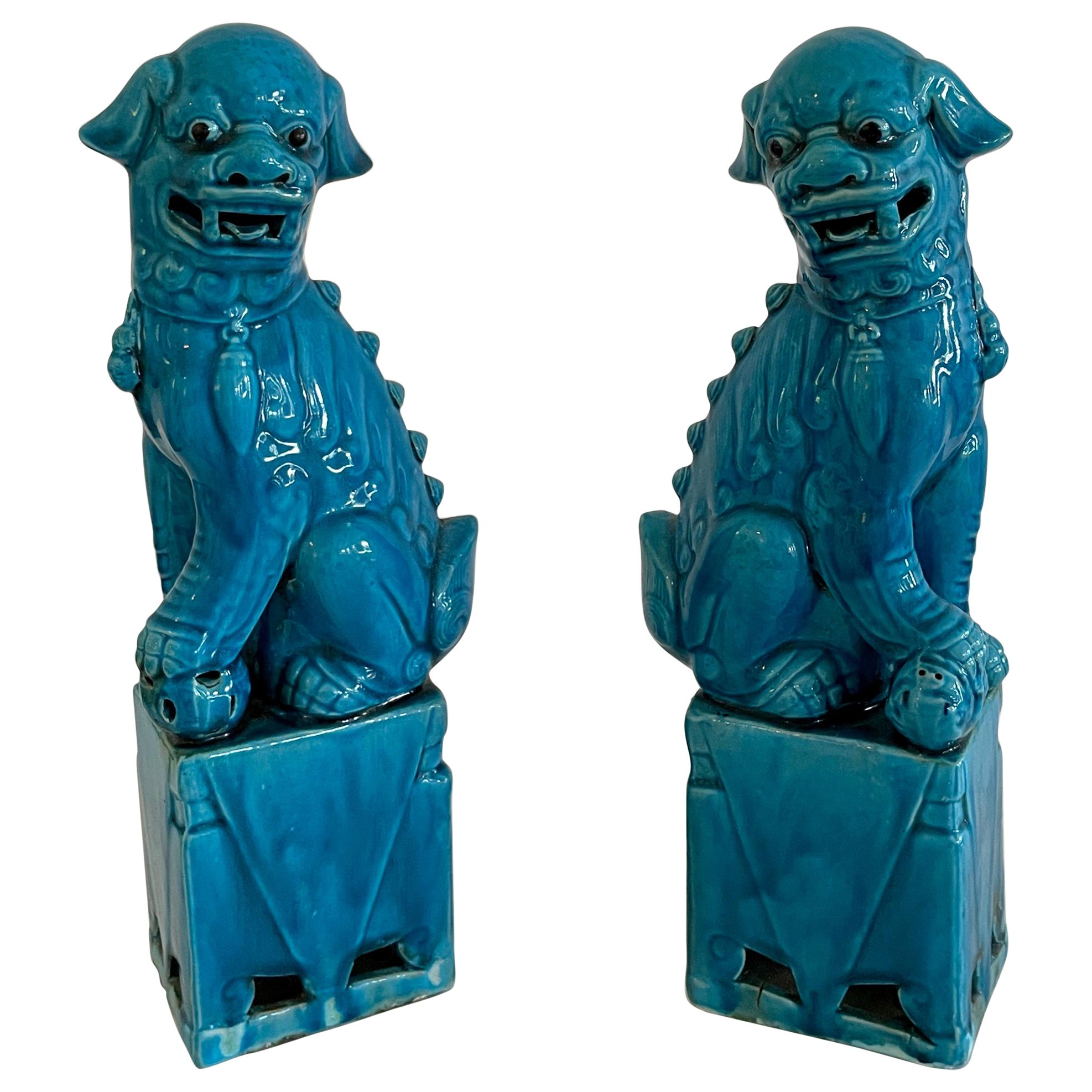 Large Ceramic Asian Turquoise Foo Dogs, a Pair For Sale at 1stDibs