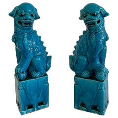Large Ceramic Asian Turquoise Foo Dogs, a Pair