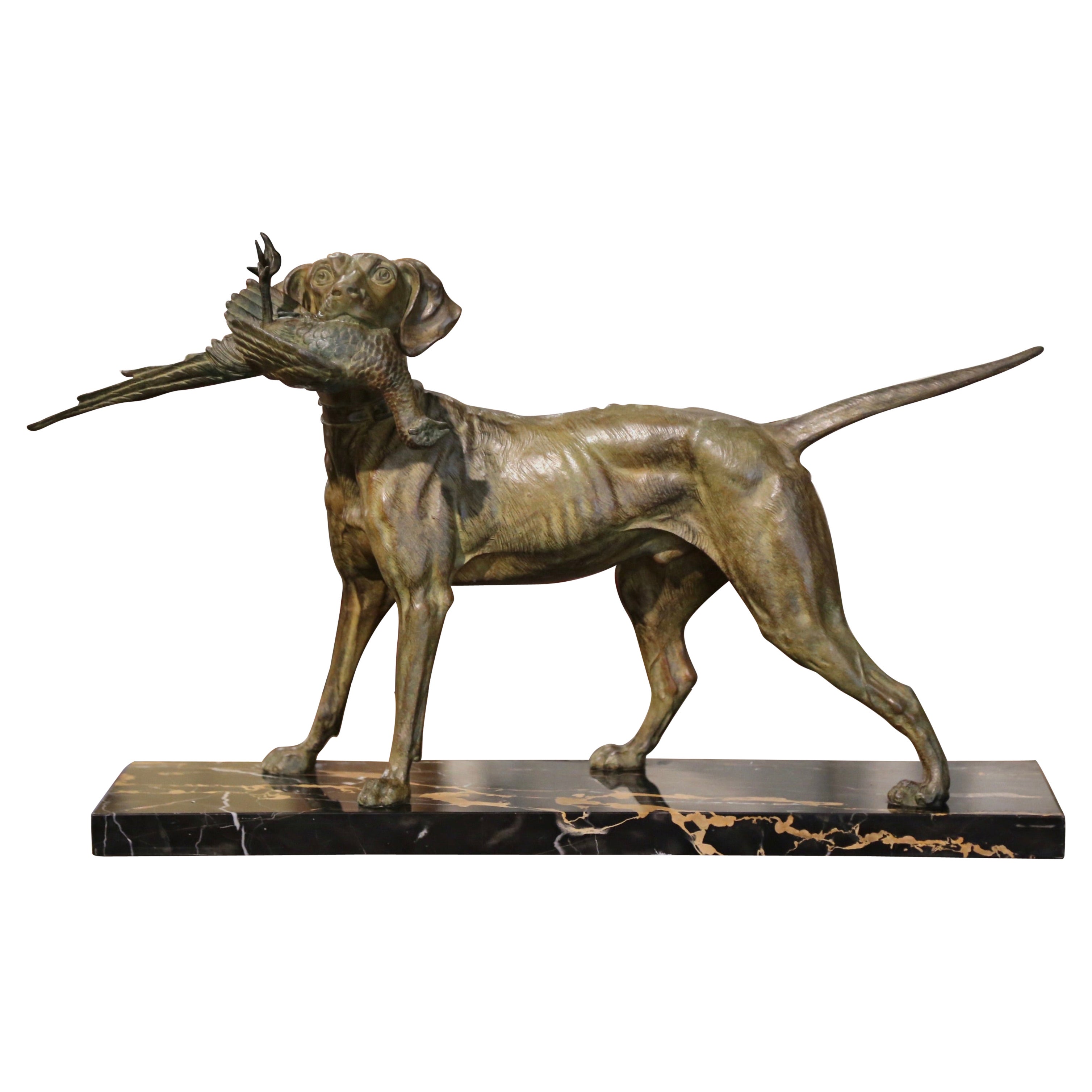 19th Century French Spelter Hunting Dog and Bird on Marble Base Signed C. Masson