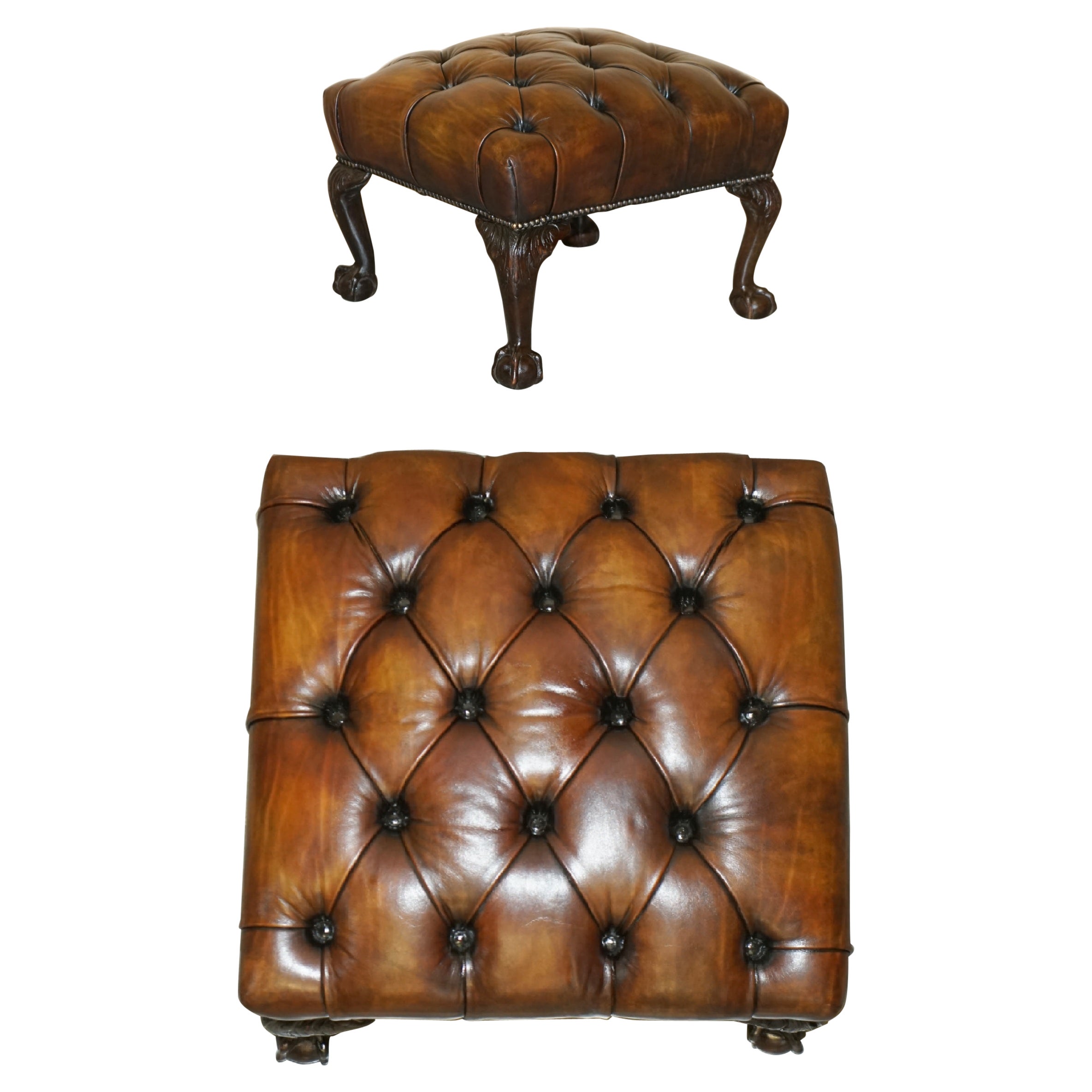 FINE ANTIQUE ViCTORIAN CLAW & BALL BROWN LEATHER RESTORED CHESTERFIELD FOOTSTOOL For Sale