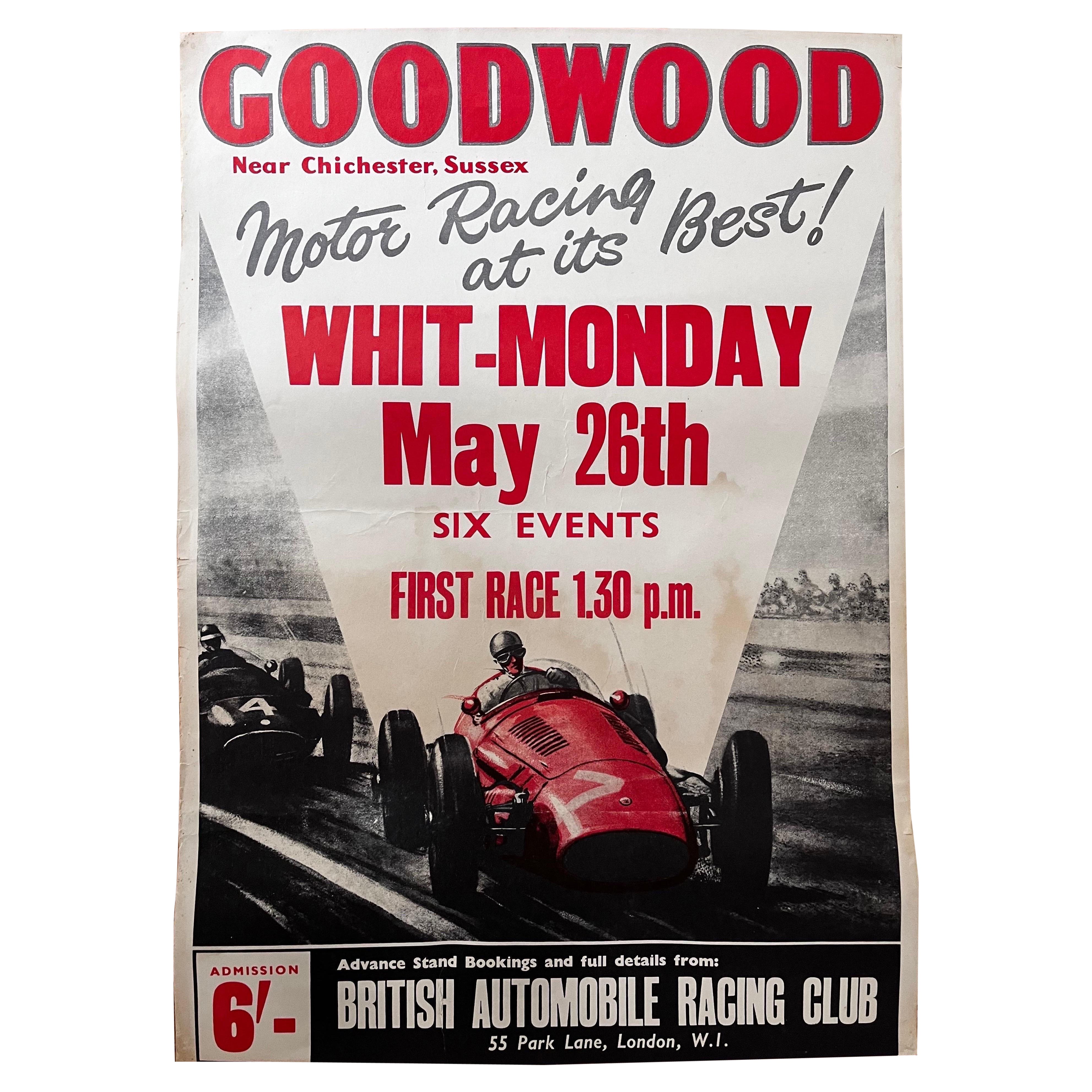 Affiche de course vintage anglaise : Goodwood Whit-Monday Motor Racing, vers 1958