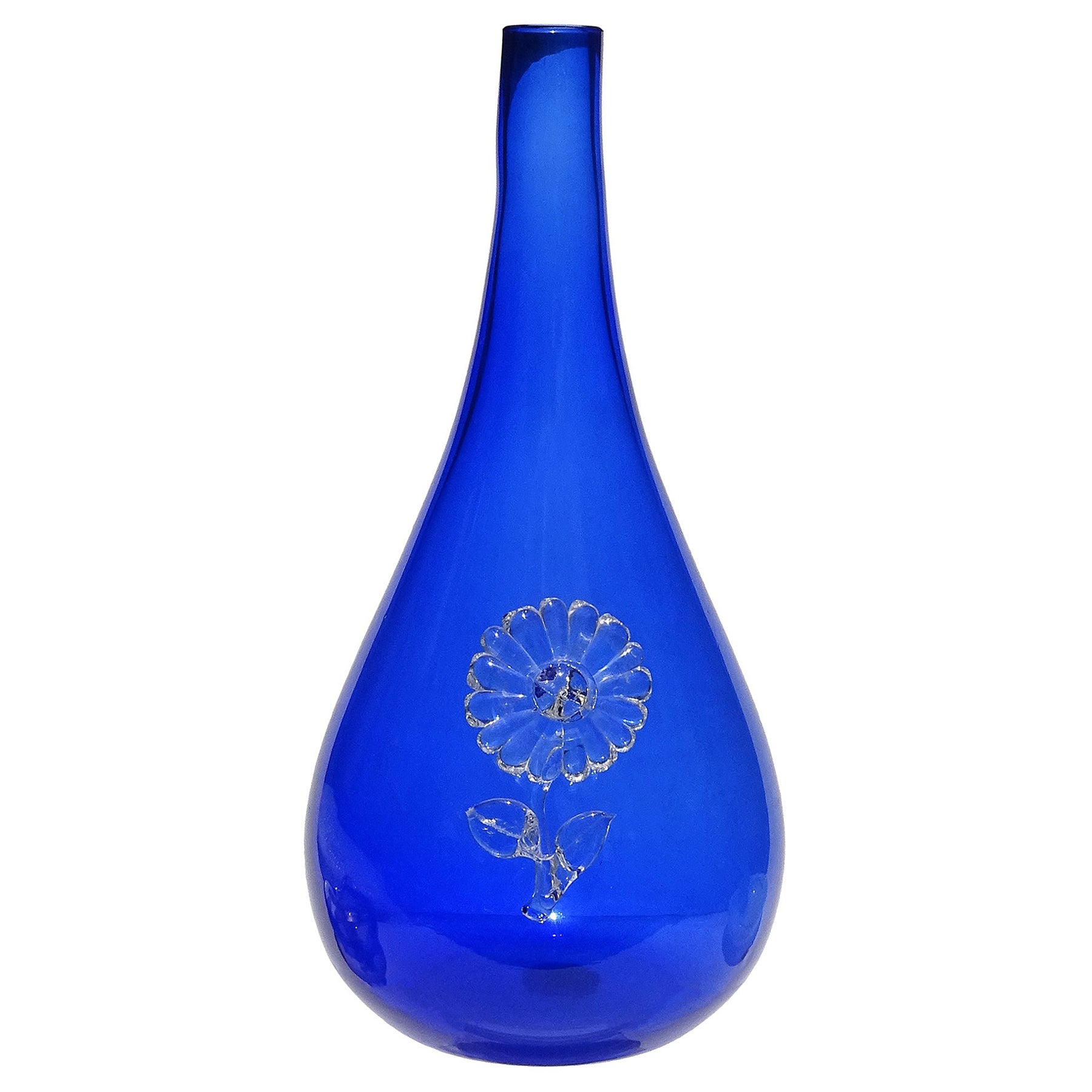 Vase en verre d'art italien Fratelli Toso Murano bleu cobalt avec fleurs transparentes appliquées