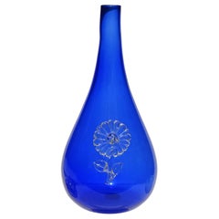 Retro Fratelli Toso Murano Cobalt Blue Applied Clear Flower Italian Art Glass Vase