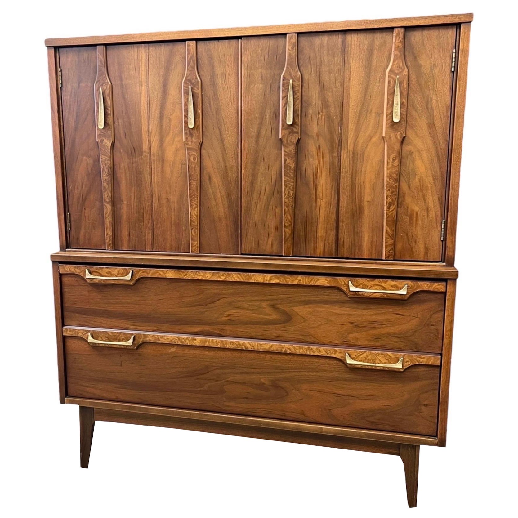 Vintage Mid Century Modern Tallboy Dresser Solid Walnut Burl Accents (en anglais)