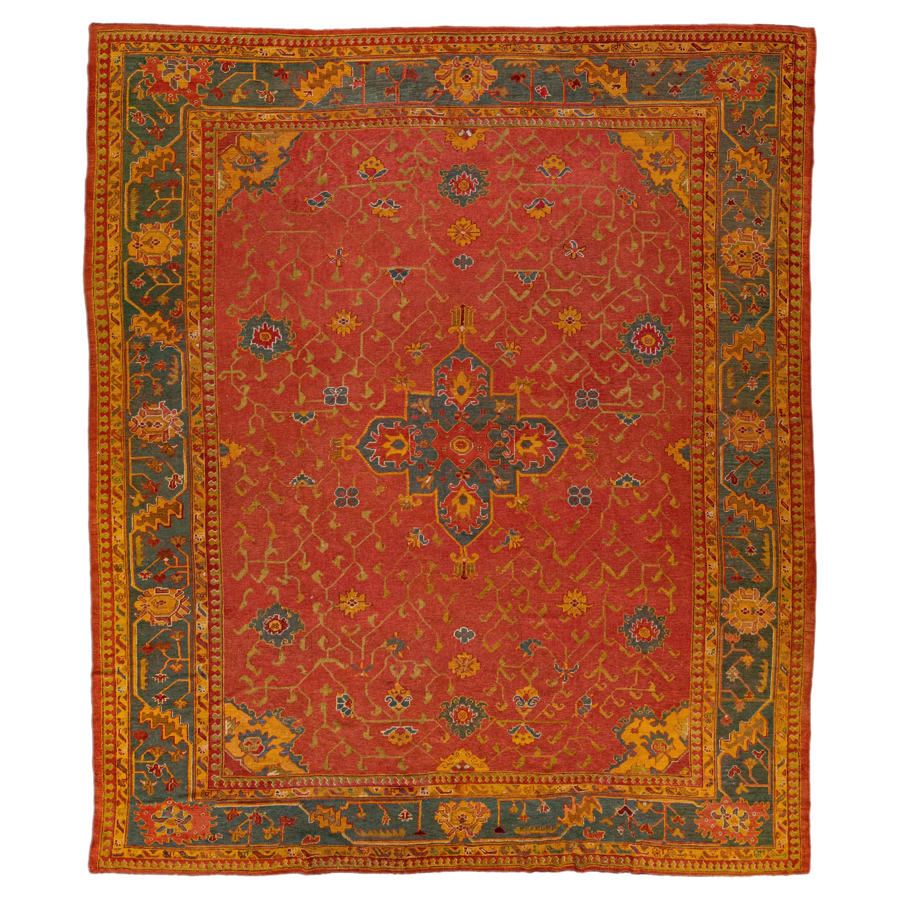 Tapis turc en laine rouge Oushak des années 1880, fabriqué à la main avec un motif floral intégral