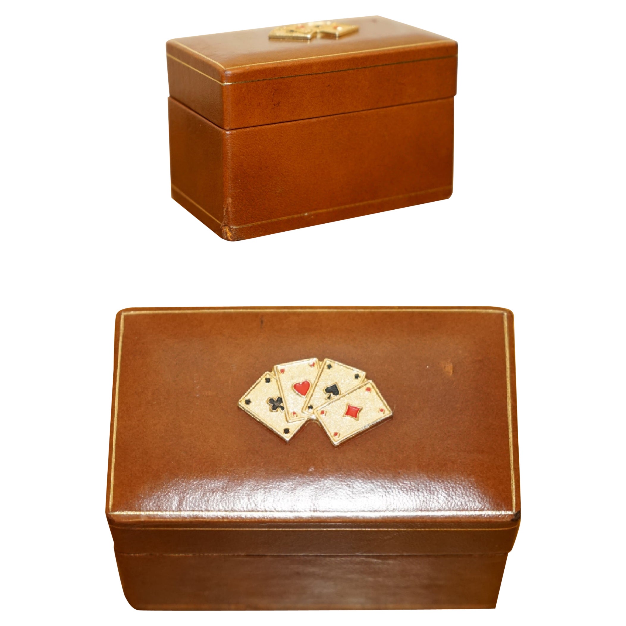 ANTIQUE CIRCA 1920 ART DECO LEATHER CLAD CASE PLAYiNG CARDS SET BRASS CARDS TOp For Sale