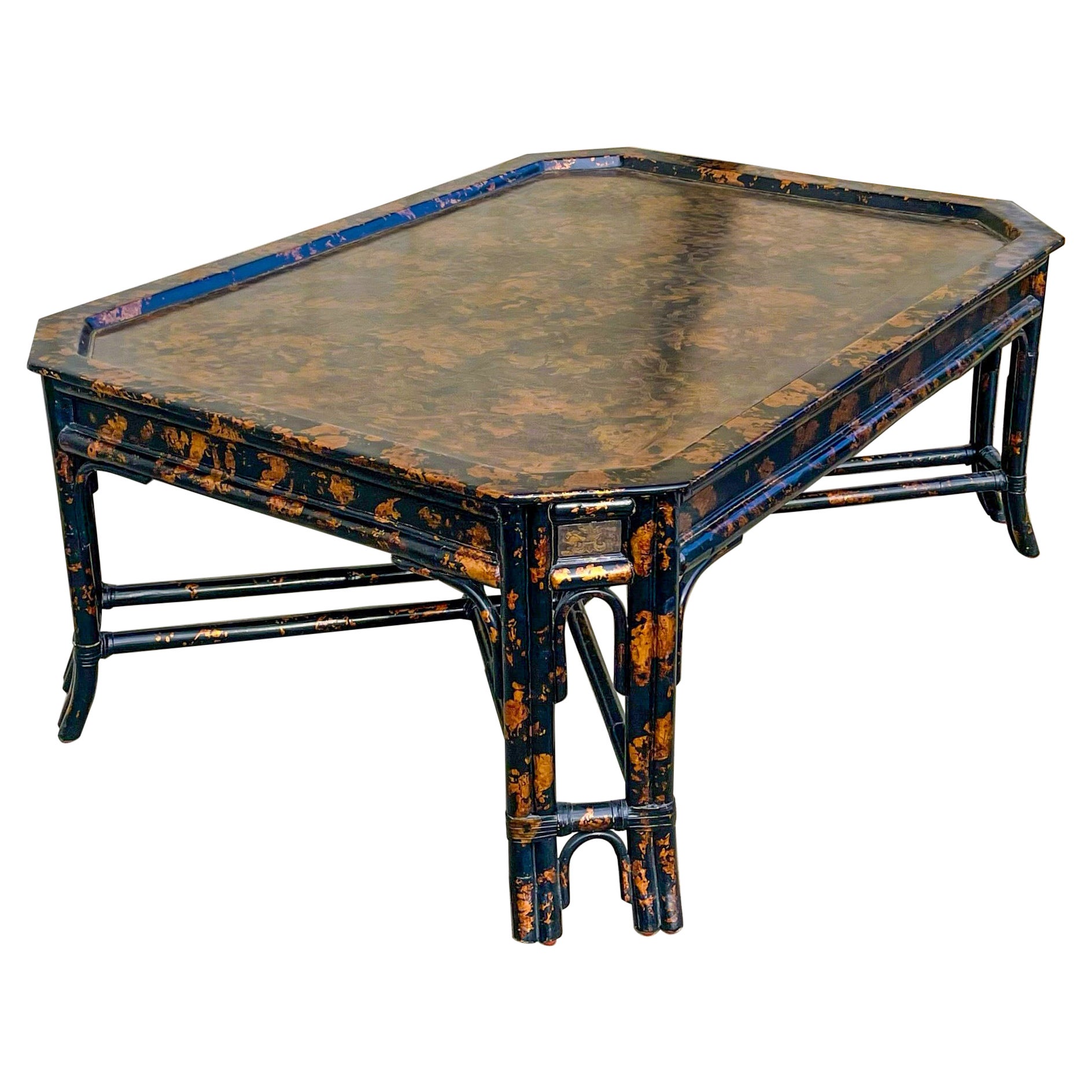 Faux Tortoise Tray Table Form Rattan / Bamboo Coffee Table Att. Maitland-Smith