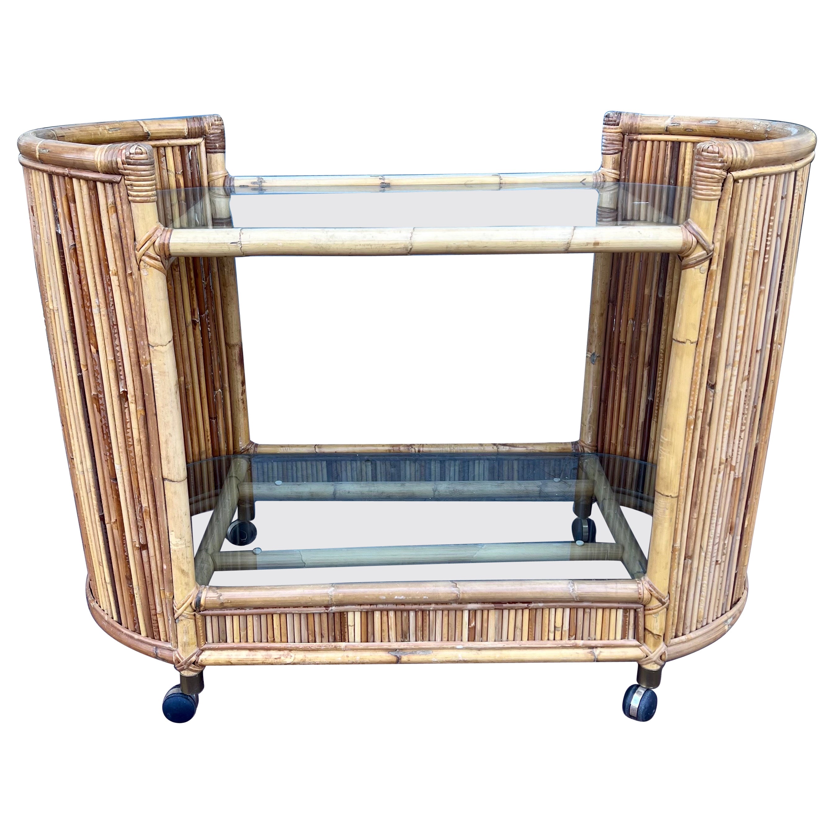 Striking Glass & Rattan Bar Cart Postmodern  For Sale
