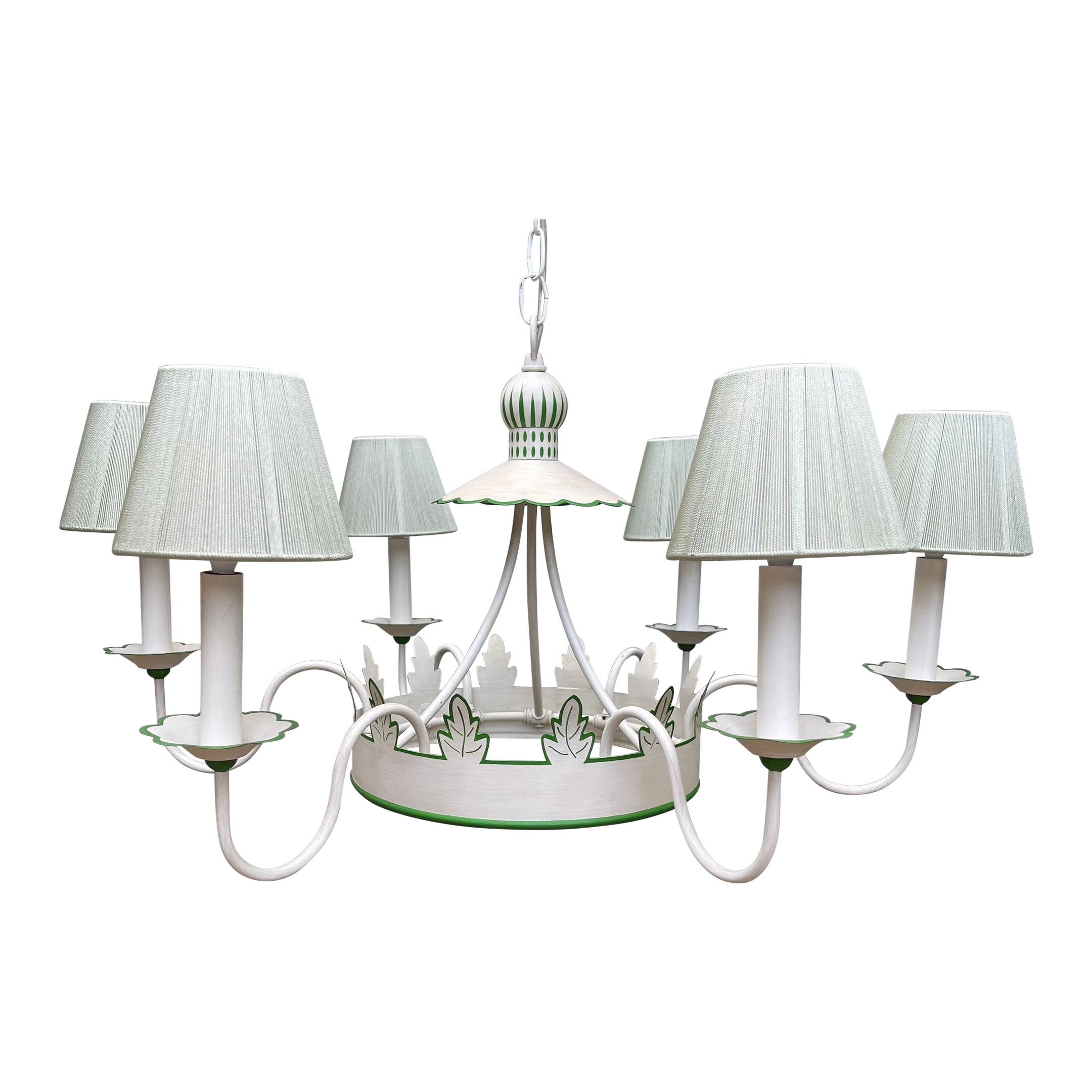 French Country Foliate 6 Light Painted Tole Chandelier, String Shades