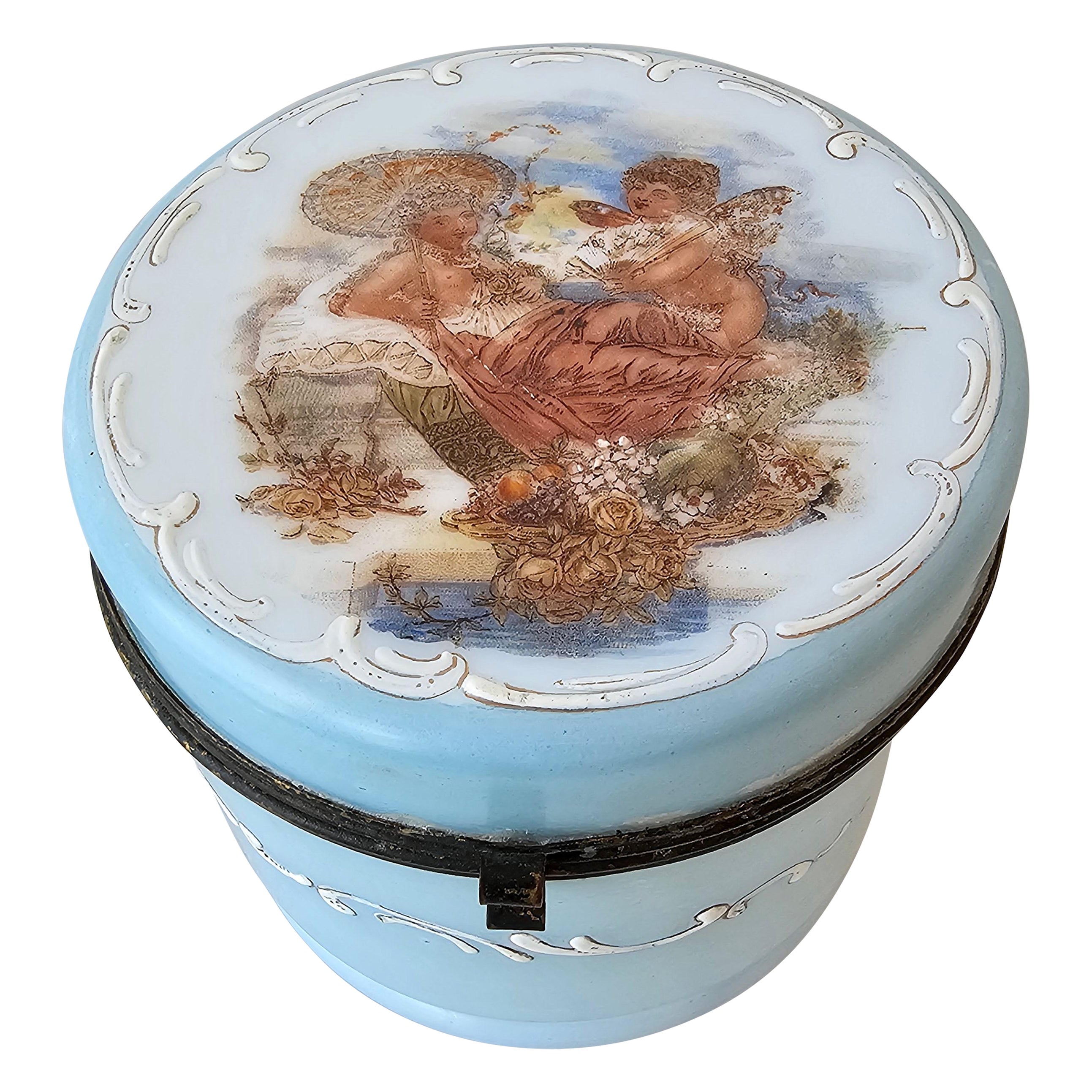 Antique Victorian Enameled Blue Opaline Milk Glass Dresser Box Jewelry Casket  For Sale