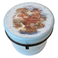 Antique Victorian Enameled Blue Opaline Milk Glass Dresser Box Jewelry Casket 