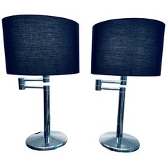 Pair of 1970s American Walter Von Nessen Style Swing Arm Chrome Table Lamps