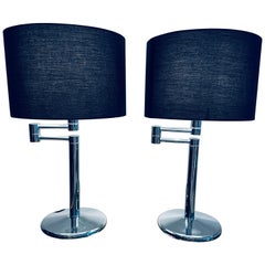 Retro Pair of 1970s American Walter Von Nessen Style Swing Arm Chrome Table Lamps