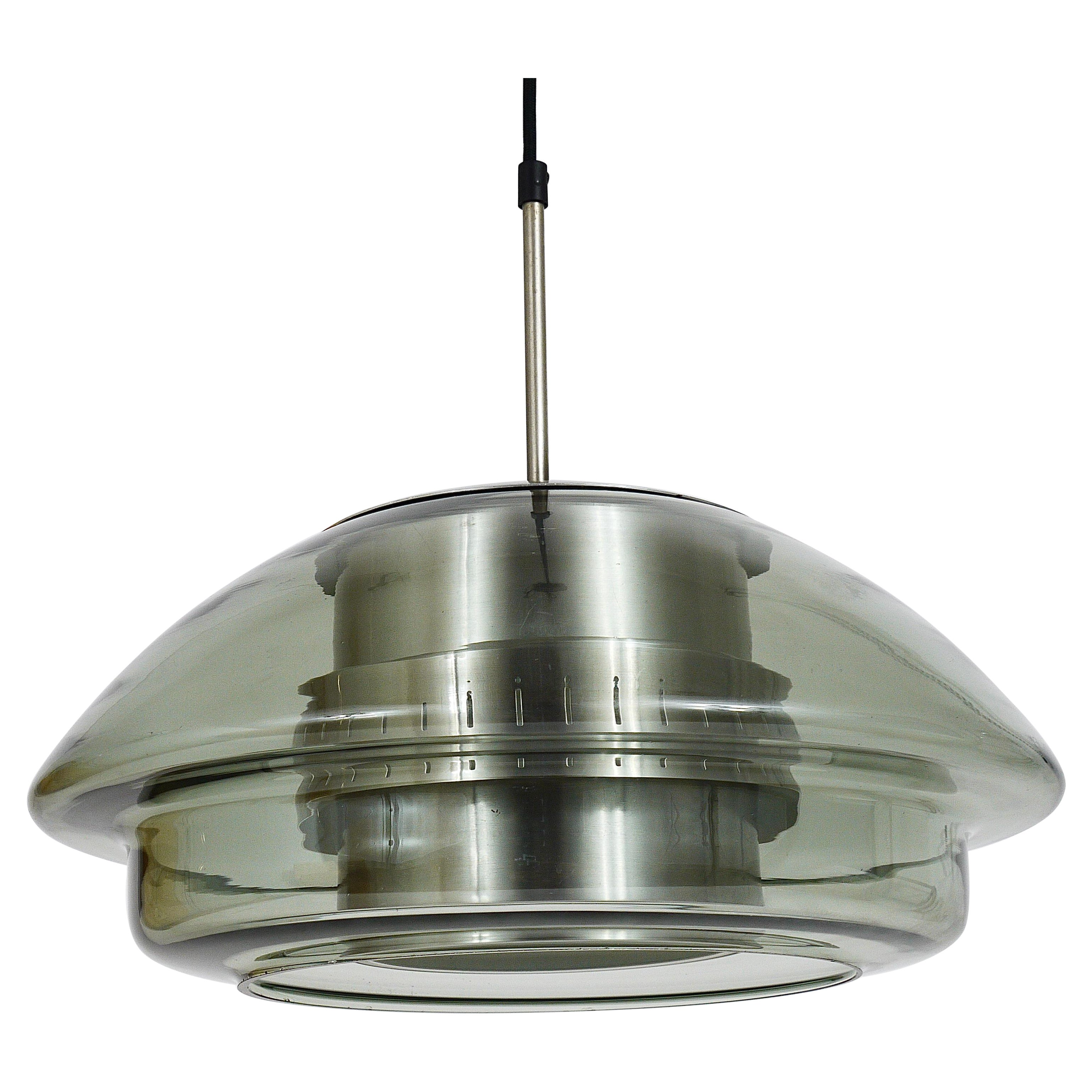 Scandinavian Pendant Lamp, Smoked Glass & Aluminum, Fog & Mørup Style, Denmark For Sale