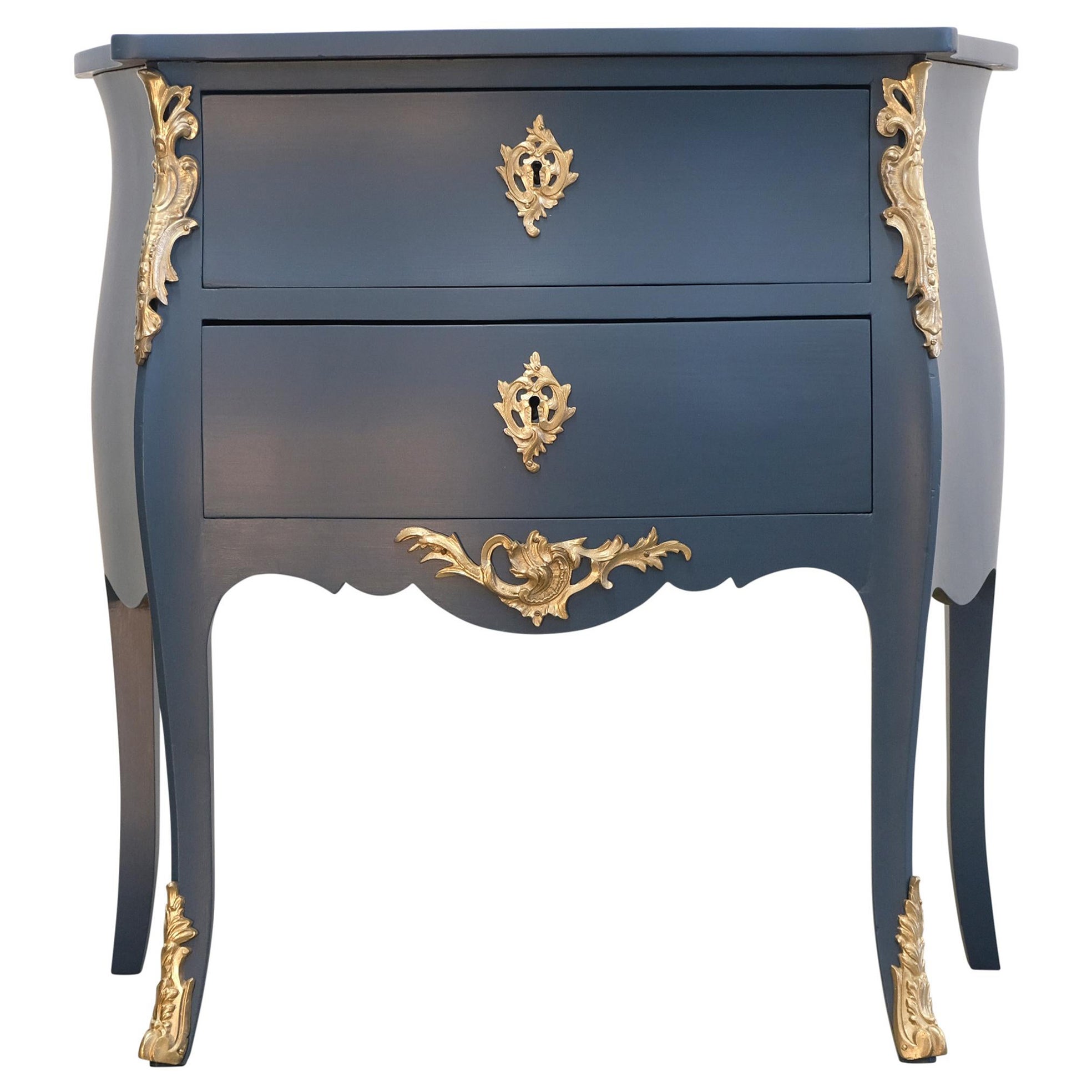 Classic  Louis XV Style Midnight blue Chests with marble top  For Sale