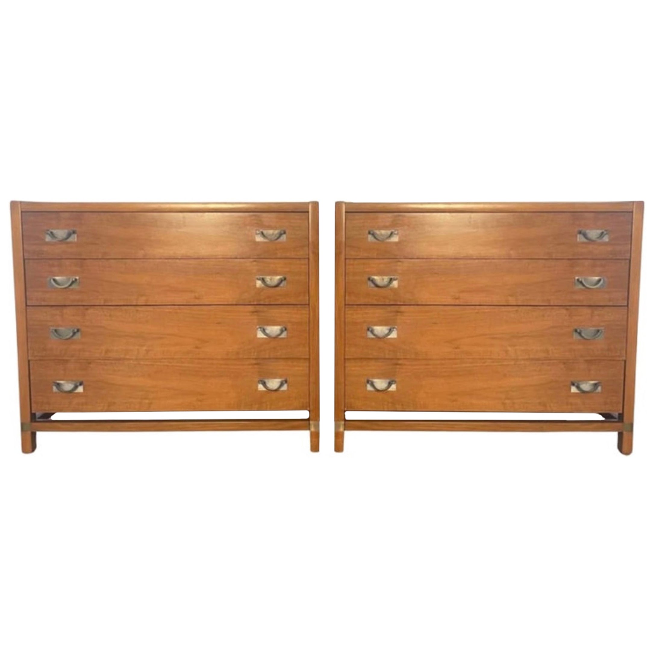 Pair of Mid Century Modern Walnut 4 drawer Dressers with Nickel pull handles  For Sale