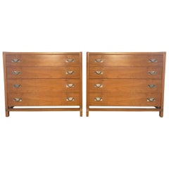 Vintage Pair of Mid Century Modern Walnut 4 drawer Dressers with Nickel pull handles 