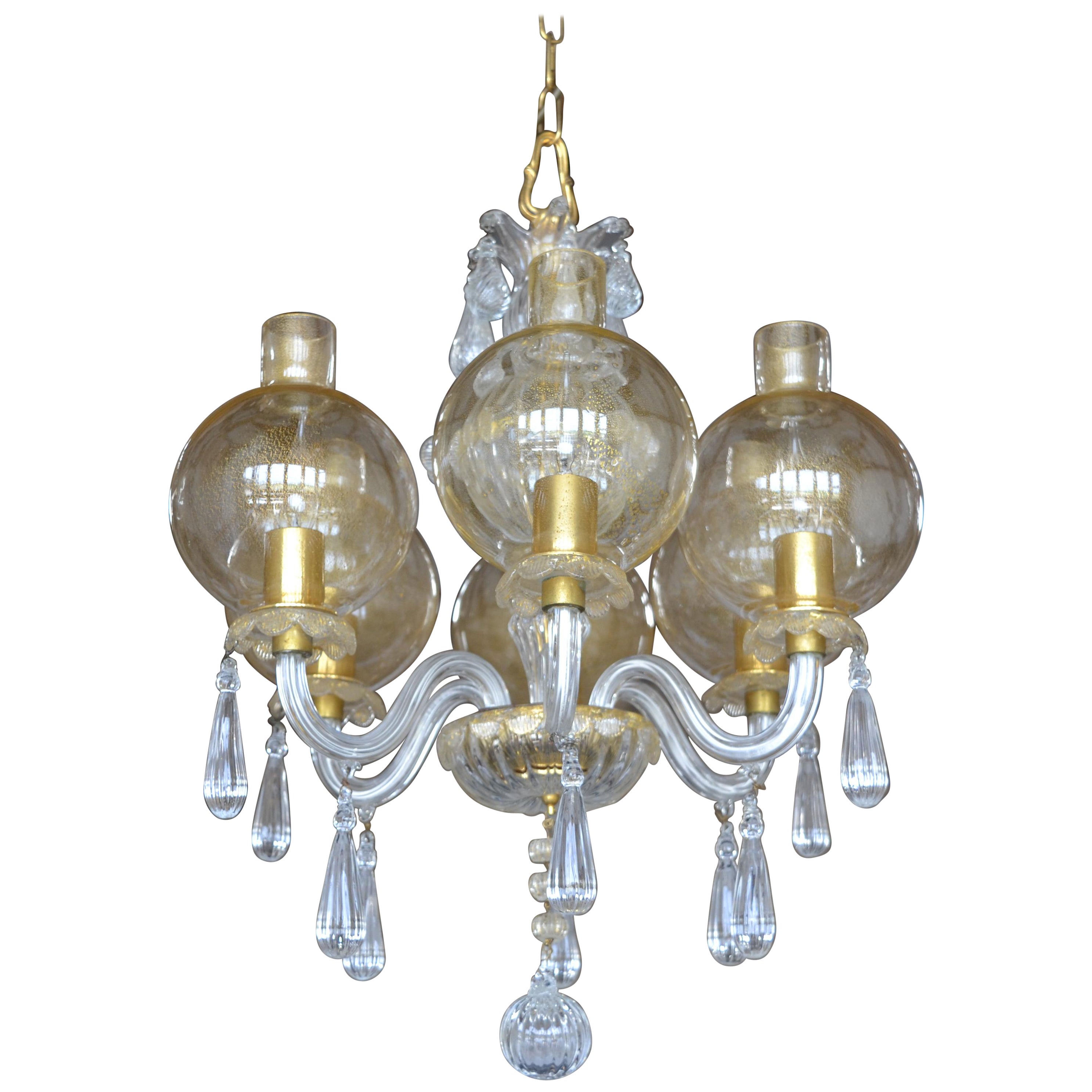 Mid-Century Venetian 6 light Chandelier with unusual Gold Storm Shades  For Sale