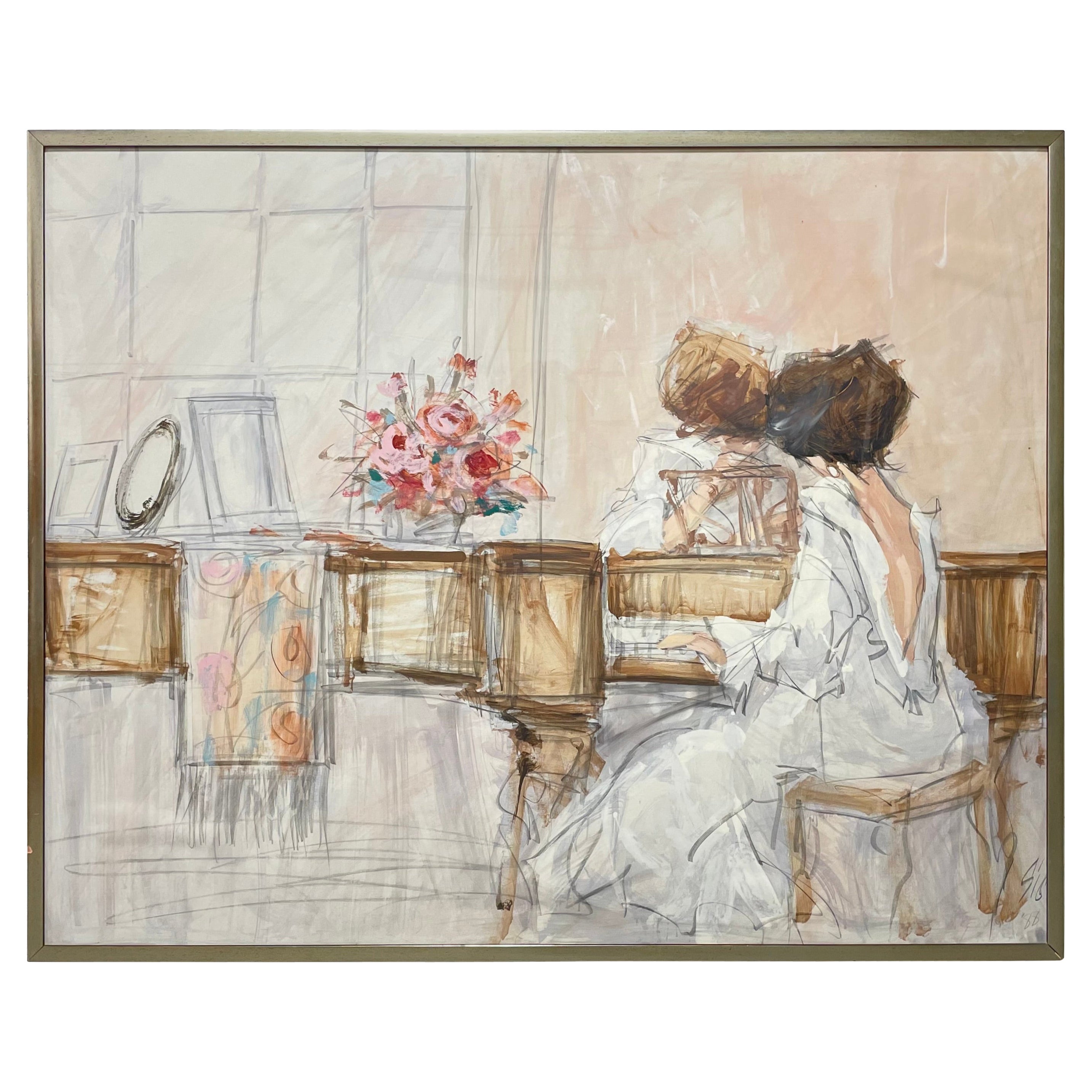 HUGE FRAMED Woman and Child Playing Piano ART by Jerry Sic For Sale