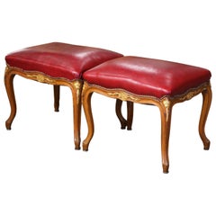 Pair of 19th Century French Louis XV Carved Giltwood Stools with Red Leather