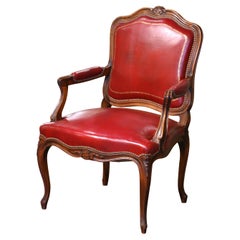 Early 20th Century French Louis XV Carved Walnut Desk Armchair with Red Leather