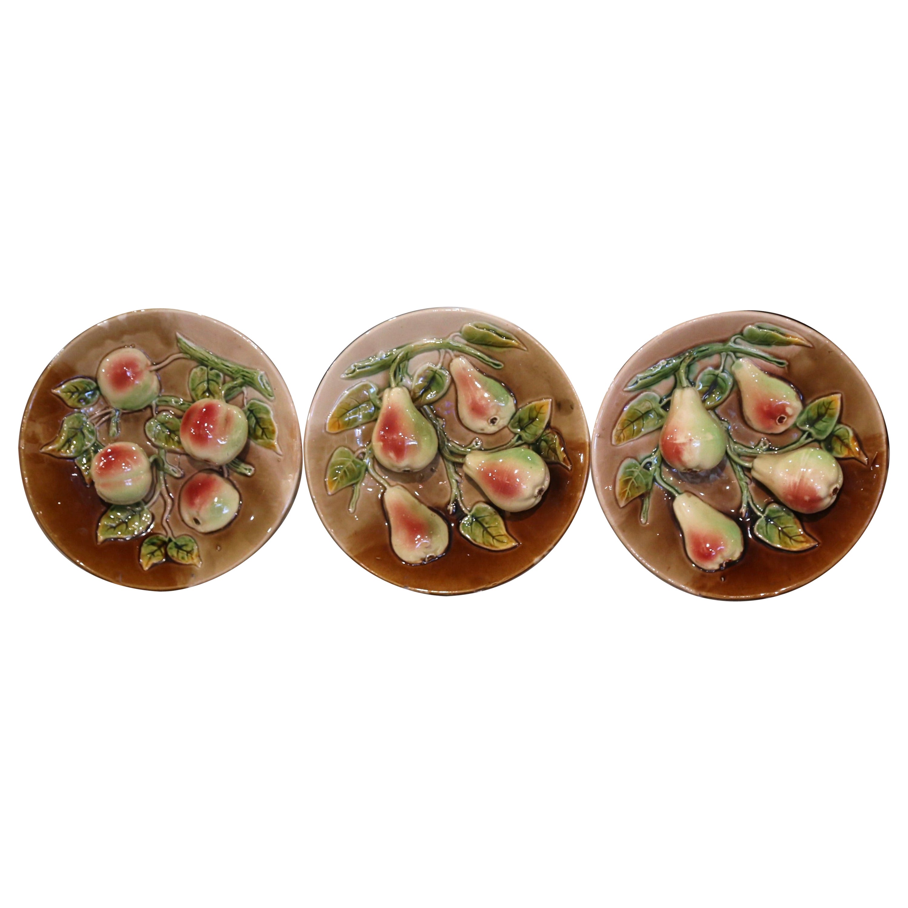 Set of Three Mid-Century French Hand Painted Ceramic Barbotine Fruit Wall Plates For Sale