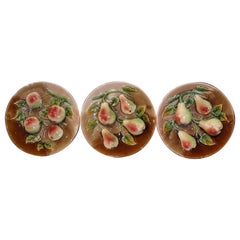 Antique Set of Three Mid-Century French Hand Painted Ceramic Barbotine Fruit Wall Plates