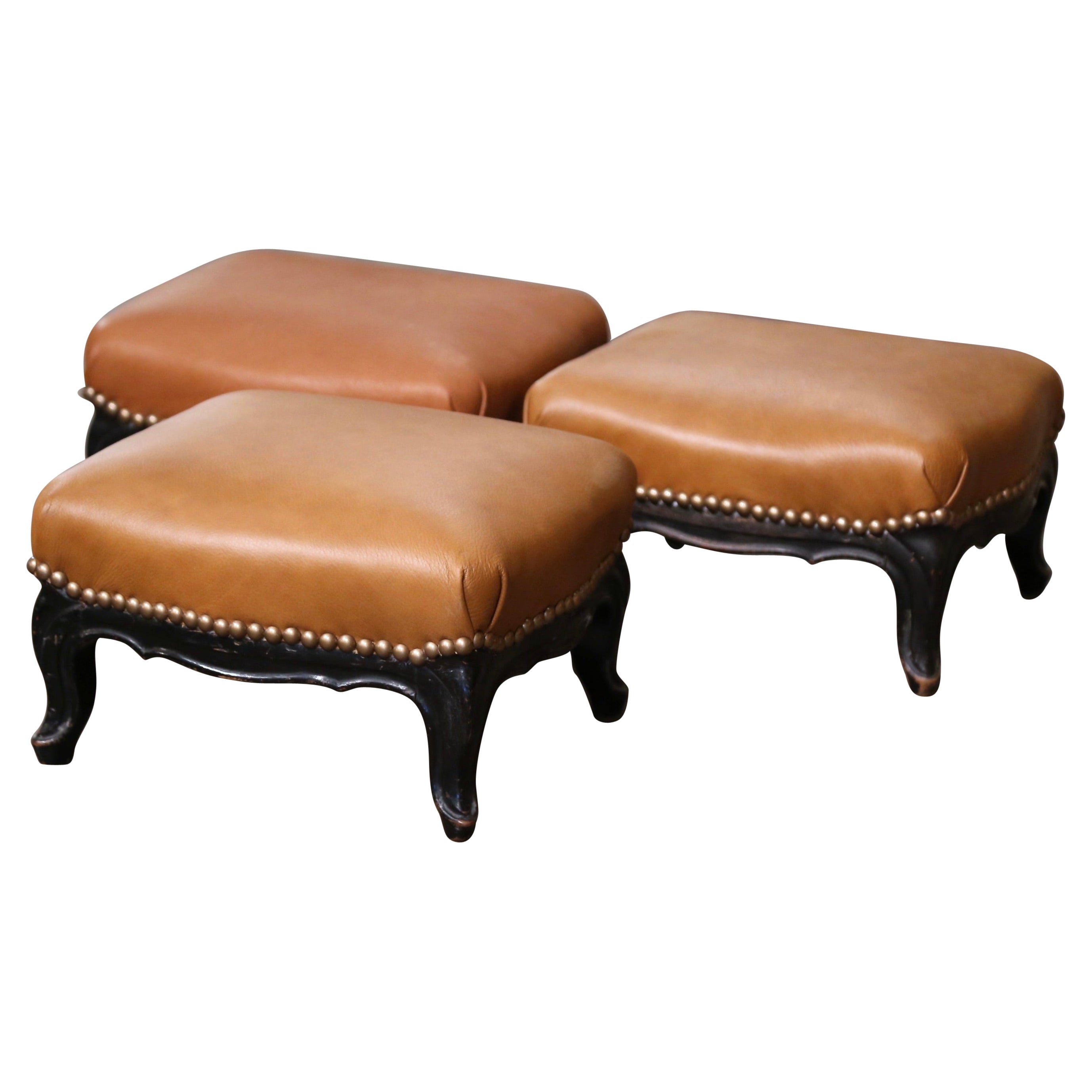 19th Century French Louis XV Carved Blackened Footstools with Leather, Set of 3  For Sale