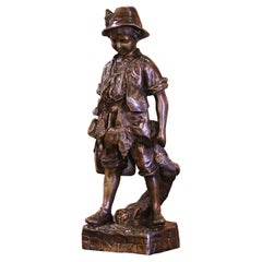 Mid-Century French Bronze Hunter Sculpture Composition with Bird and Rabbit