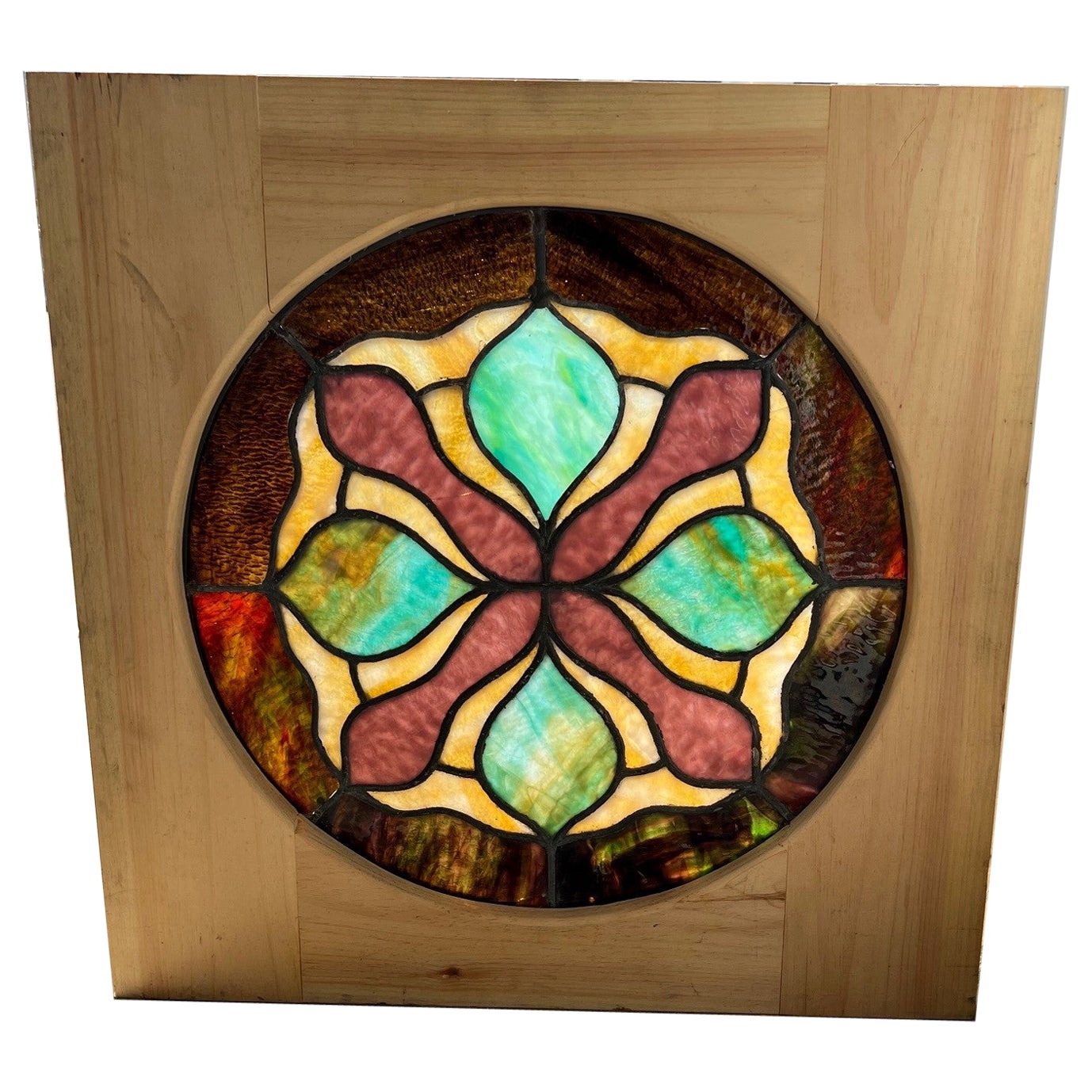 Early 20th Century Antique Round Stained Glass Window in a New Wood Frame  For Sale