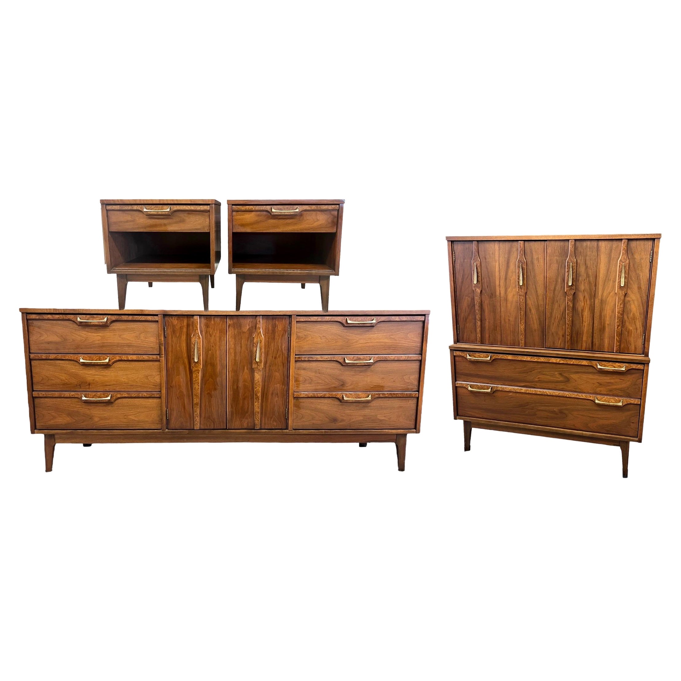Vintage Mid Century Modern Dresser Set Dovetail Drawers Solid Walnut Burl Veneer For Sale