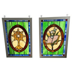 Pair of Antique Stained Glass Religious Windows with New Wood Frames 