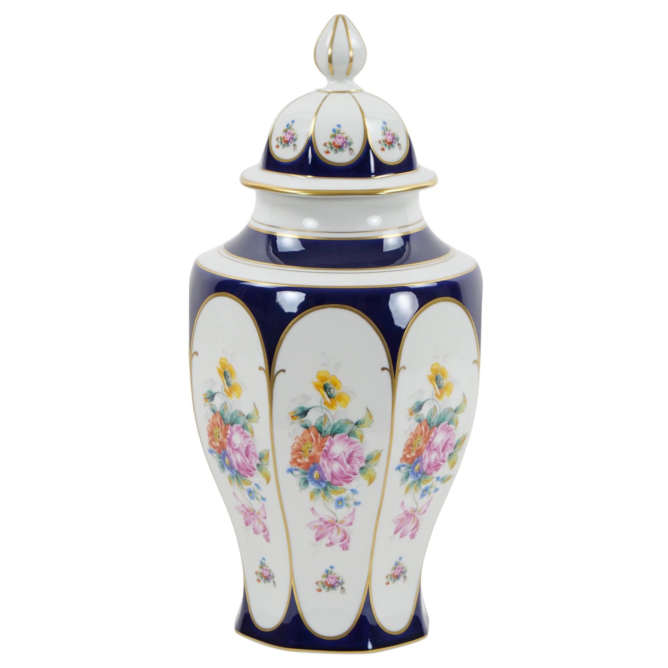 Large German Floral Hand-Painted and Gilt Porcelain Urn For Sale