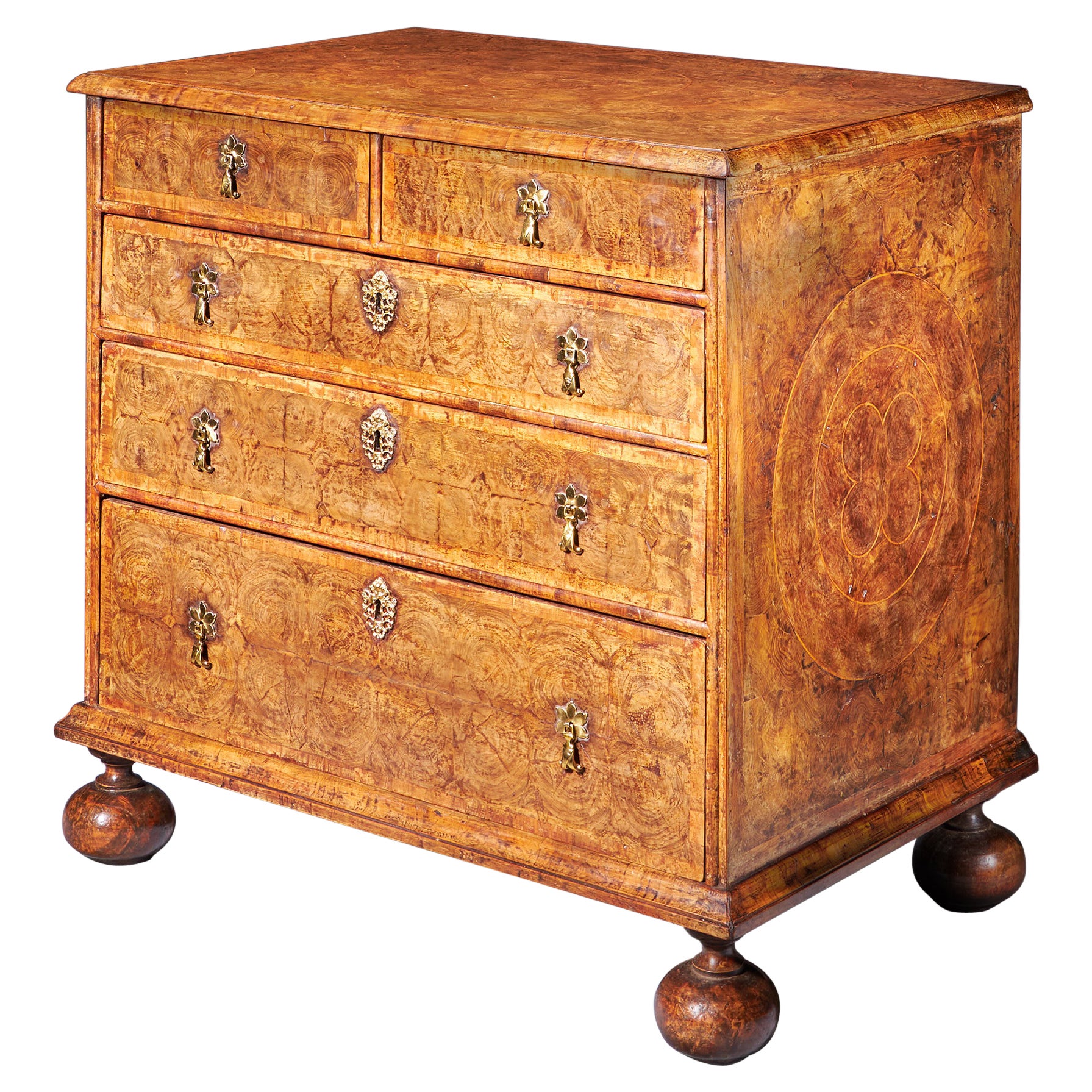 A Fine 17th Century Charles II Olive Oyster Chest, Circa 1680 England For Sale