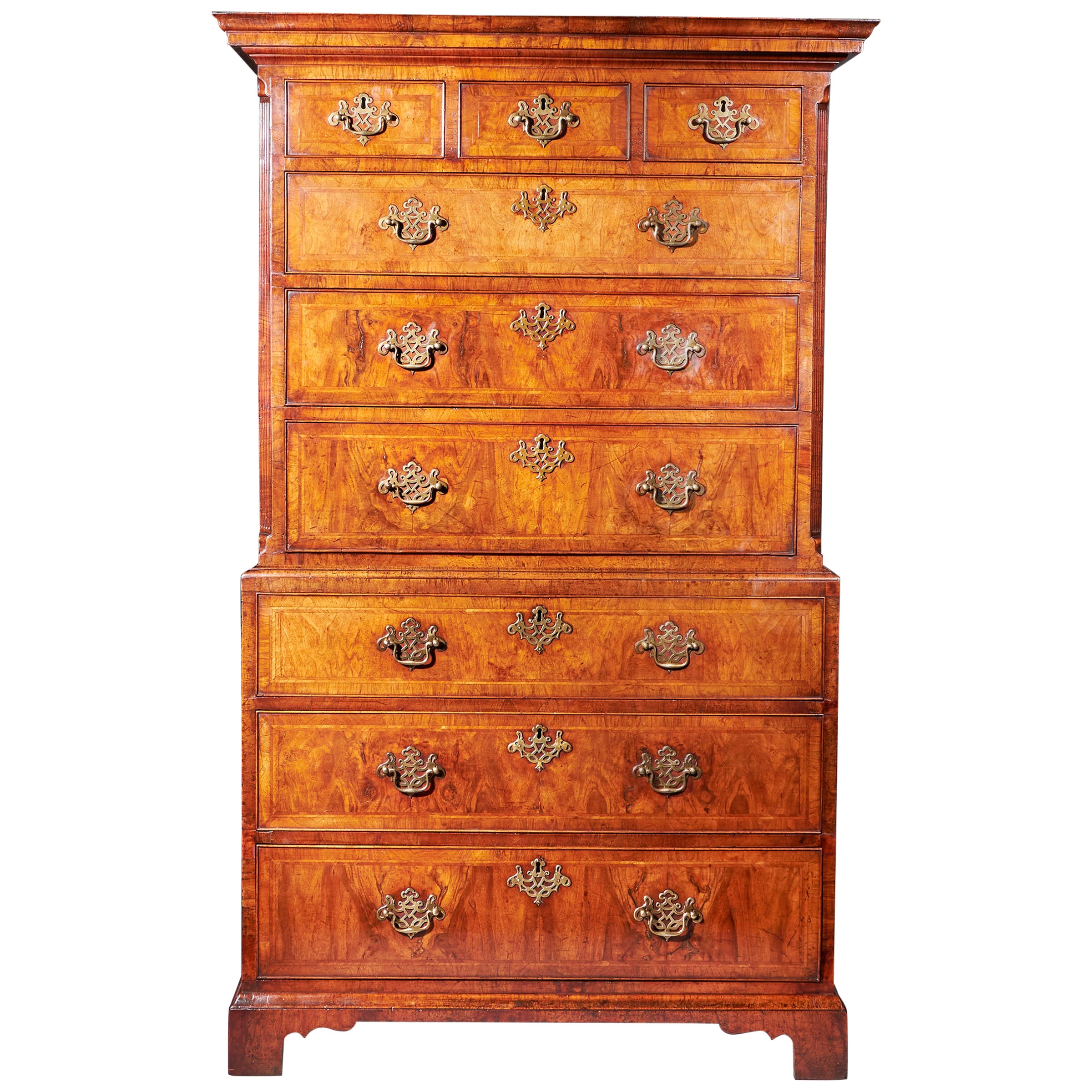A Fine 18th Century George II Figured Walnut Chest on Chest or Tallboy, 1740 For Sale