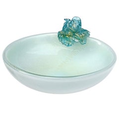 Seguso Murano Blue Applied Flower Gold Flecks Italian Art Glass Decorative Bowl