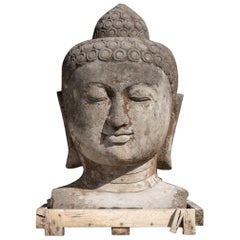 Middle 20th century Large old lavastone Buddha head from Indonesia