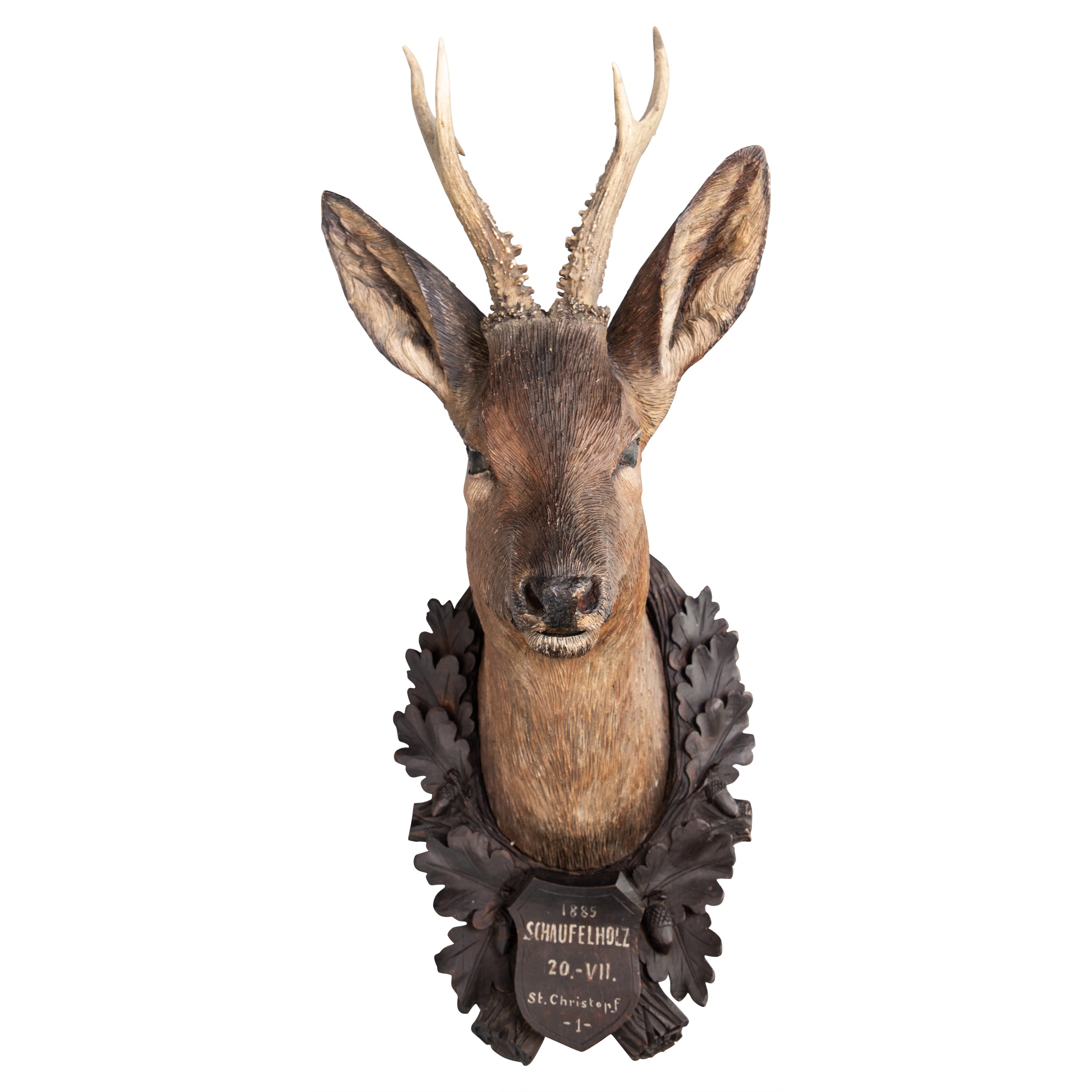 Black Forest Carved Stag Deer Head With Real Antlers Trophy Mount Plaque 1885