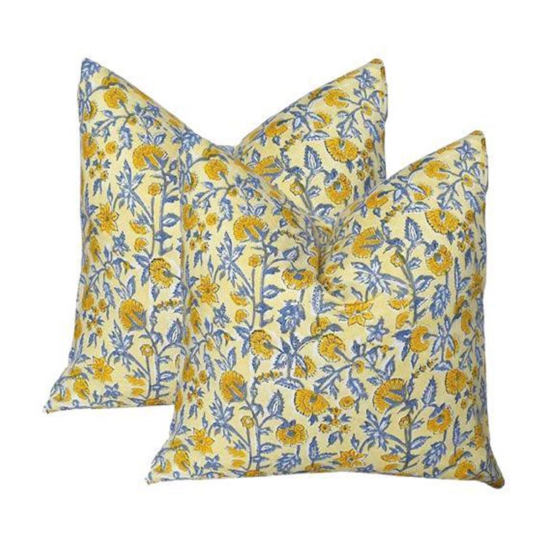 Lee Radziwill Inspired Block Print Down Flower Motif Pillow in Yellow, India For Sale