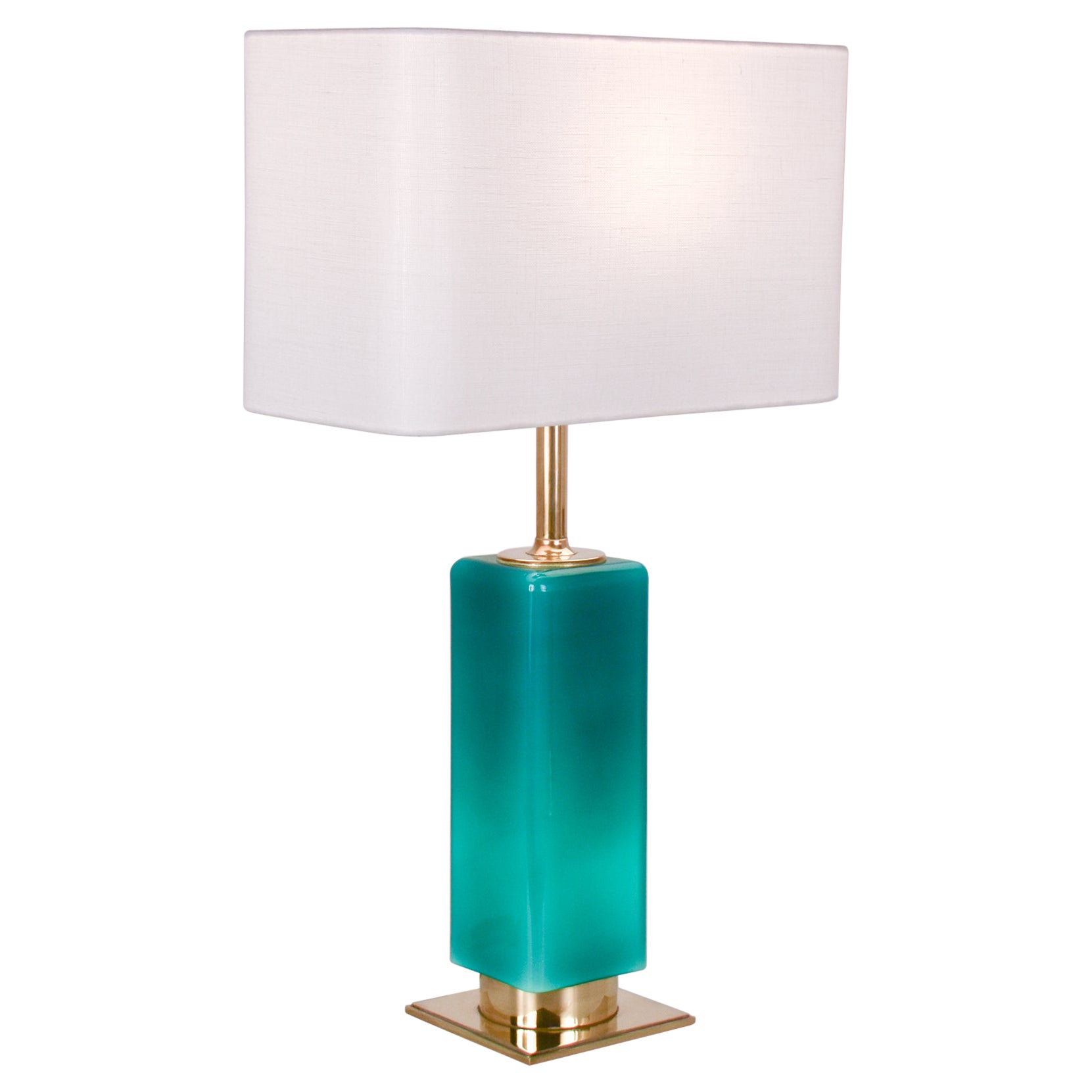 Mid- Century Large Green Glass and Brass Table Lamp Metalarte, Spain, 1970's For Sale