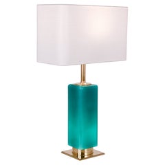 Used Mid- Century Large Green Glass and Brass Table Lamp Metalarte, Spain, 1970's
