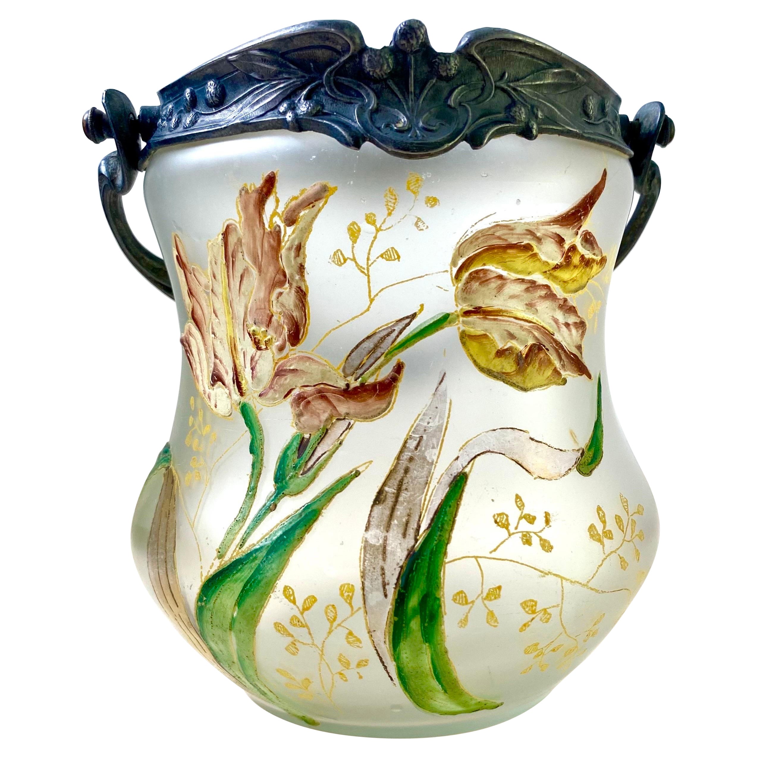 Cookie jar bucket - vase - in enamelled glass & pewter- 1880 Art Nouveau France