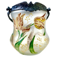 Cookie jar bucket - vase - in enamelled glass & pewter- 1880 Art Nouveau France